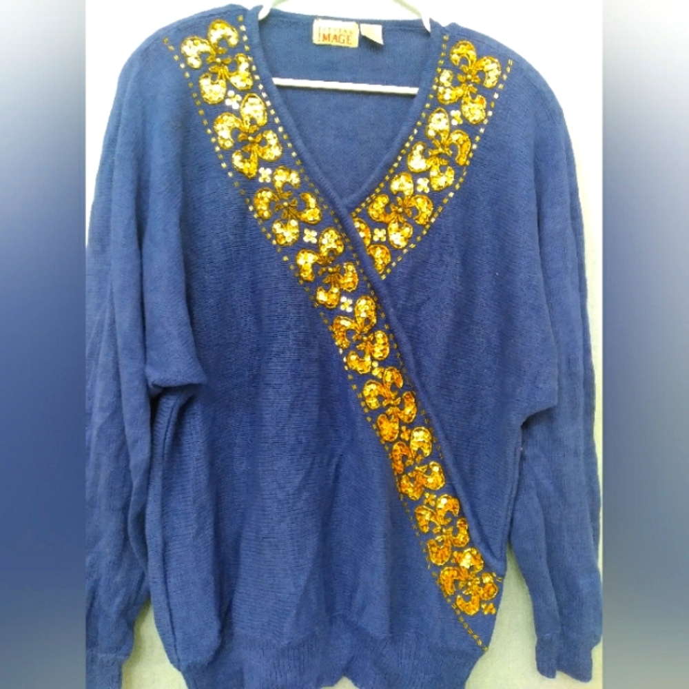 Fitting Image Vintage‎ Navy Sweater with Gold Sequin Embellishment Wrap Style